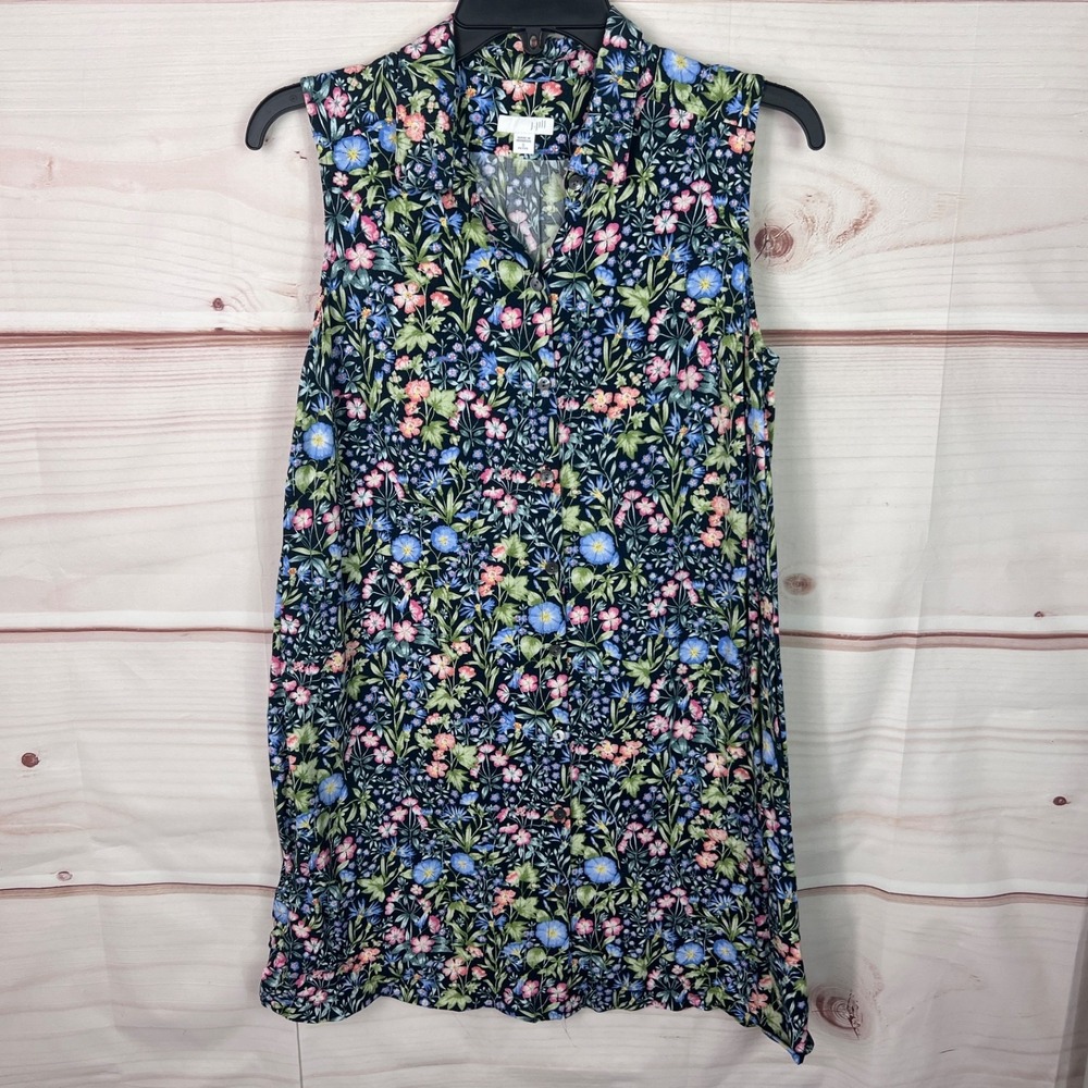 J Jill Dress Women Petite PS Blue Floral Button Up Shirt Sleeveless Collar Woven